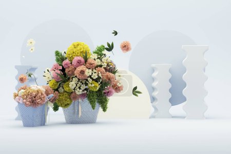 Foto de Pantalla de podio 3D, fondo azul pastel con flor de hortensias y marco vintage. Peonías flor y hoja de la naturaleza. Pedestal mínimo para belleza, producto. Plantilla de espacio de copia femenina 3d render - Imagen libre de derechos