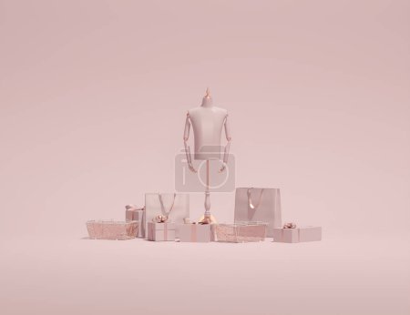 Foto de Maniquí de lujo con bolsa de compras de ropa, caja de regalo sobre fondo rosa y blanco. Composición creativa. Fondo ligero con espacio de copia. 3D renderizado para página web, presentación, estudio, tienda - Imagen libre de derechos