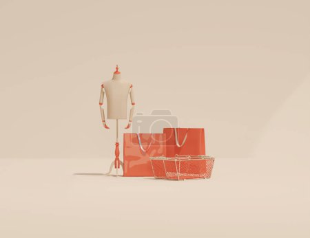 Foto de Maniquí de lujo y bolsa de compras roja, caja de regalo sobre fondo beige y blanco. Composición creativa. Fondo ligero con espacio de copia. 3D renderizado para página web, presentación, estudio, tienda de moda - Imagen libre de derechos