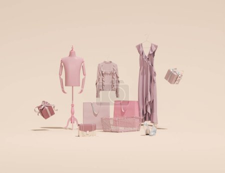 Foto de Maniquí de lujo con bolsa de compras de ropa, caja de regalo sobre fondo rosa y púrpura. Composición creativa. Fondo ligero con espacio de copia. 3D renderizado para página web, presentación, estudio, tienda - Imagen libre de derechos