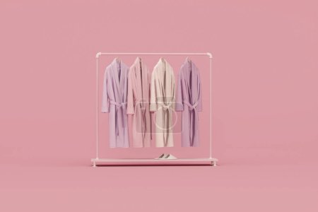 Photo for Cottony bathrobe set in several color on rack- white, pink and purple. Soft classic clothes for spa, bathhouse, pool or sauna. 3d render - Royalty Free Image