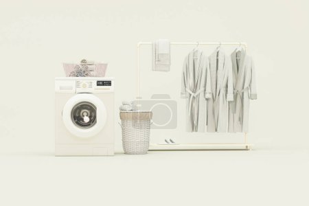 Photo for Modern washing machine and Bathrobe set in beige color on rack. Soft classic clothes for spa, bathhouse, pool or sauna. 3d render - Royalty Free Image
