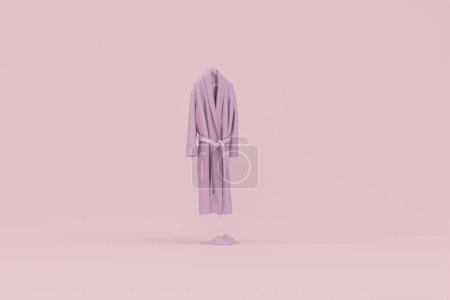 Purple Bathrobe isolated on pink background. Soft classic clothes for spa, bathhouse, pool or sauna. 3d render