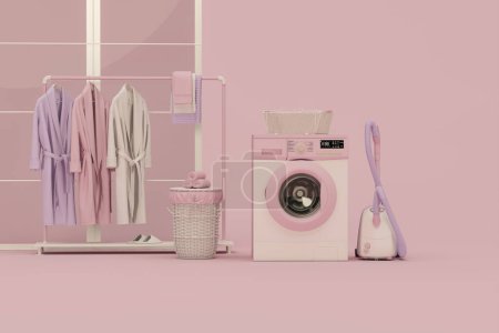 Téléchargez les photos : Moderne machine à laver et peignoir de couleur rose sur support. Vêtements classiques doux pour spa, bains publics, piscine ou sauna. 3d rendu - en image libre de droit
