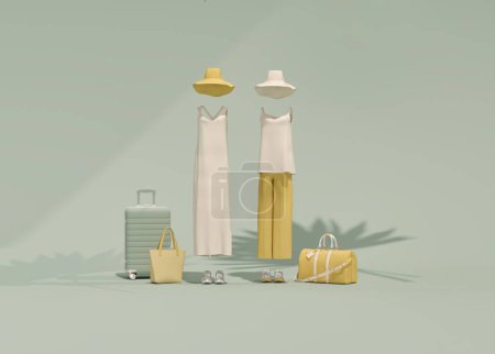 Foto de Concepto de vacaciones de verano con sombrero y maleta con sombra de palma en verde, fondo amarillo junto con el traje de las mujeres, ropa de moda mínima. - Imagen libre de derechos