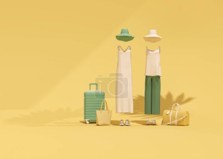 Téléchargez les photos : Concept vacances d'été avec chapeau et valise avec ombre de palme en vert, fond jaune avec tenue femme, vêtements de mode minimalistes. - en image libre de droit