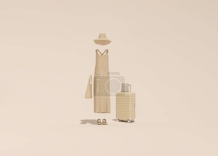 Foto de Concepto de vacaciones de verano con sombrero y maleta con sombra de palma en fondo beige junto con el traje de las mujeres, ropa de moda mínima. - Imagen libre de derechos