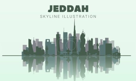 Téléchargez les illustrations : Jeddah skyline. silhouette djeddah skyline et points de repère, design dégradé de tons vert clair, illustration vectorielle. Jeddah skyline horizontal banner.skyline dans un style plat. Modèle vectoriel pour votre conception - en licence libre de droit