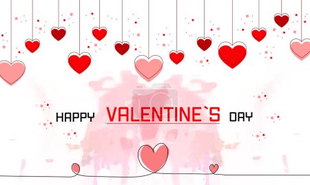 Happy Valentine's day, typography with one line heart at bottom and red or pink hearts hanging on top against white background. 14th February. Vector illustration for wallpaper, banner, posts. EPS 