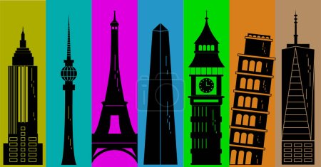 World's tourism day. Travel and tourism background. Famous buildings in the world against colorful backgrounds. Used for travel and tourism backgrounds, courier services, posts. EPS.