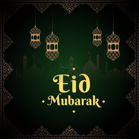 Eid Mubarak vector illustration greeting card with hanging lanterns and floral desgin motif on green background. Eid Celebration banner background minimal islamic vector. Editable. EPS 10.