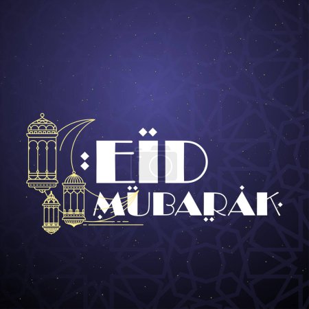 Eid Mubarak vector illustration greeting card with lanterns, moon outline and floral pattern on deep purple color background. Eid Celebration banner background minimal islamic vector. Editable.
