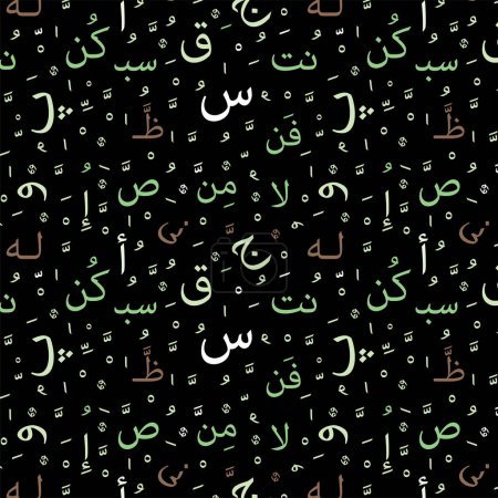Bunte arabische Buchstaben abstrahieren nahtlose arabische Elemente auf schwarzem Hintergrund für orientalische Stoffe, Banner, Kleidung, Geschenkpapier oder Innenarchitektur. Editierbar. EPS 10