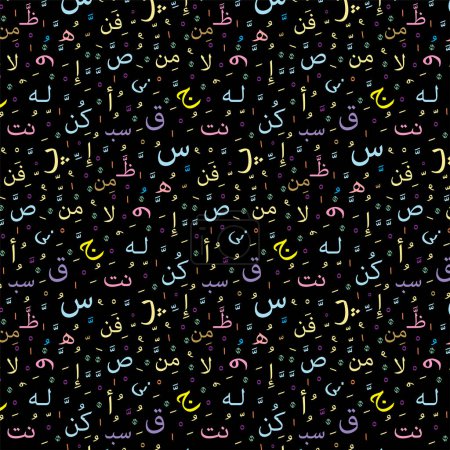 Lettres arabes colorées alphabet abstraites motifs d'éléments arabes sans couture sur fond noir pour tissu oriental, bannières, vêtements, papier d'emballage ou design d'intérieur. Modifiable. SPE 10