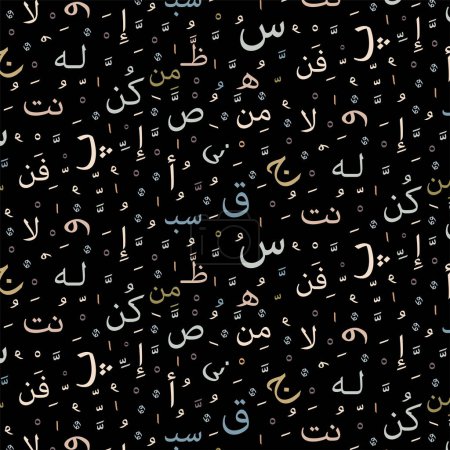 Lettres arabes colorées alphabet abstraites motifs d'éléments arabes sans couture sur fond noir pour tissu oriental, bannières, vêtements, papier d'emballage ou design d'intérieur. Modifiable. SPE 10