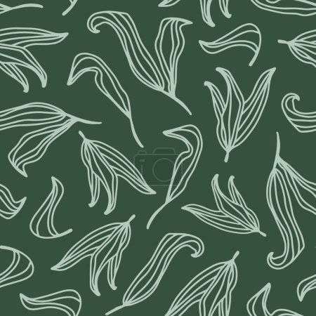 Illustration for Autumn doodled herbs seamless repeat pattern. Random placed, vector botanical leaves all over surface print on dark green background. - Royalty Free Image