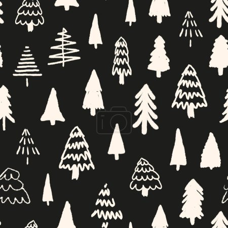 Ilustración de Árbol de Navidad monocromo patrón de repetición sin costuras. Bosque de abeto vectorial dibujado a mano por toda la superficie en blanco y negro. - Imagen libre de derechos