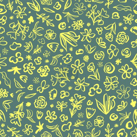 Illustration for Neon yellow doodled flowers, leaves, herbs and more seamless repeat pattern. Random placed, hand drawn vector botany all over surface print on green background. - Royalty Free Image