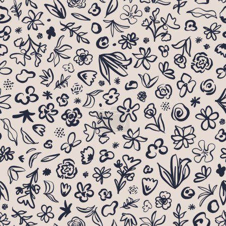 Illustration for Doodled flowers, leaves, herbs, plants seamless repeat pattern. Random placed, hand drawn, vector botanical all over surface print on beige background. - Royalty Free Image