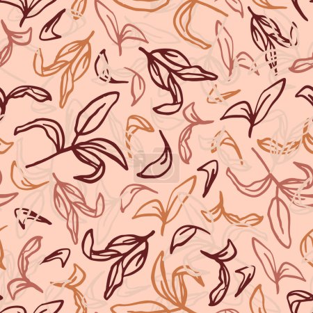 Illustration for Earth toned, doodled leaves seamless repeat pattern. Random placed, vector botanical garden plant elements all over surface print on beigebackground. - Royalty Free Image