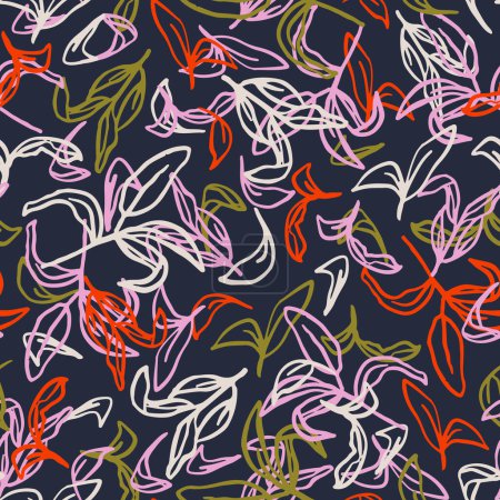 Ilustración de Colorful doodled leaves seamless repeat pattern. Random placed, vector botanical garden plant elements all over surface print on dark blue background. - Imagen libre de derechos