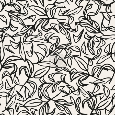 Illustration for Abstract doodled leaves seamless repeat pattern. Random placed, vector botanical garden plant elements all over surface print on beige background - Royalty Free Image