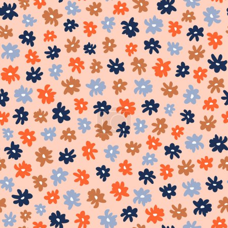 Téléchargez les illustrations : Cute small calico flower seamless repeat pattern. Random placed, vector floral heads all over surface print. - en licence libre de droit