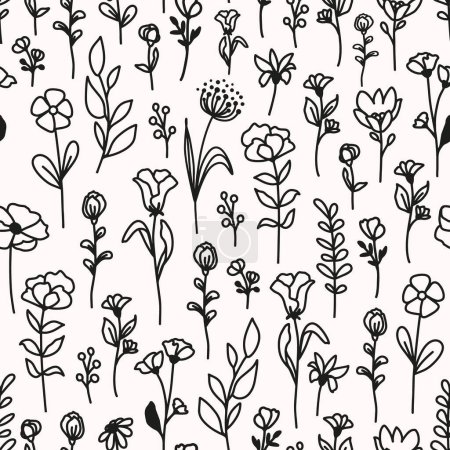 Illustration for Seamless pattern with hand drawn flowers, branches and plants - Royalty Free Image