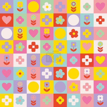 Illustration for Retro, multicolored floral and geometrical check board seamless repeat pattern. Nostalgic, vector geometrics, hearts and flowers all over surface print. - Royalty Free Image