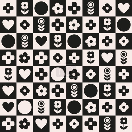 Illustration for Monochrome nostalgic floral and geometrical check board seamless repeat pattern. Black and white, vector shapes, hearts and flowers all over surface print. - Royalty Free Image