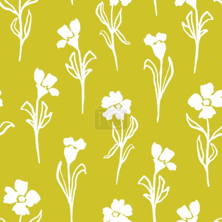 Illustration for Cyber lime green botanical seamless repeat pattern. Hand drawn, vector isolated blooms flowers with leaves all over surface print. - Royalty Free Image
