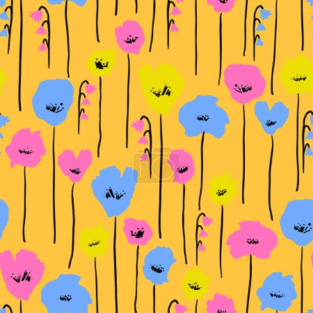 Ilustración de Floraciones aisladas patrón de repetición sin costuras. Dibujado a mano, flores vectoriales por toda la superficie. - Imagen libre de derechos