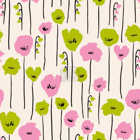 Ilustración de Floraciones aisladas patrón de repetición sin costuras. Dibujado a mano, flores vectoriales por toda la superficie. - Imagen libre de derechos