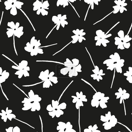 Téléchargez les illustrations : Monochrome botanique éco motif répétition sans couture. Fleurs avec des feuilles de plante partout impression de surface sur fond noir. - en licence libre de droit