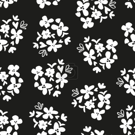 Illustration for Cute calico flowers with leaves seamless repeat pattern. Random placed, vector botanical elements all over surface print on black background. - Royalty Free Image