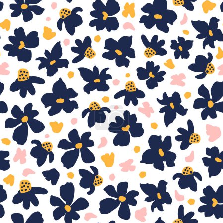 Illustration for Flower heads with dots seamless repeat pattern. Random placed, Vector botanical all over surface print on white background. - Royalty Free Image