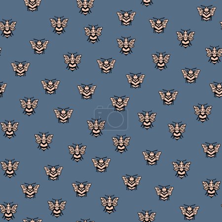 Illustration for Cute little bees seamless repeat pattern. Hand drawn, vector insects all over surface print on gray background. - Royalty Free Image
