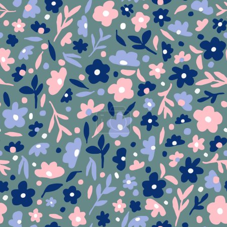 Téléchargez les illustrations : Cute floral seamless repeat pattern. Random placed, vector botany all over surface print on grey background. - en licence libre de droit