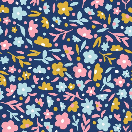 Illustration for Cute floral seamless repeat pattern. Random placed, vector botany all over surface print on blue background. - Royalty Free Image