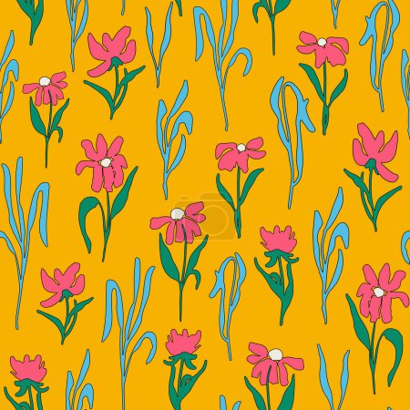 Illustration for Cute floral seamless repeat pattern. Random placed, vector botany all over surface print on yellow background. - Royalty Free Image