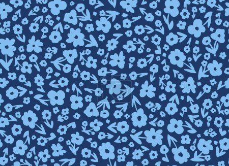 Illustration for Floral seamless repeat pattern. Random placed, vector botany all over surface print on dark blue background. - Royalty Free Image