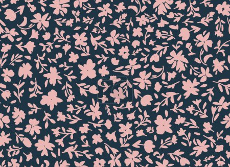Illustration for Flowers with leaves seamless repeat pattern. Random placed, vector botany all over surface print on dark blue background. - Royalty Free Image