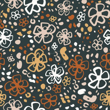 Illustration for Retro flowers with dots seamless repeat pattern. Random placed, vector botany all over surface print. - Royalty Free Image