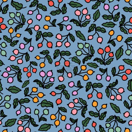 Illustration for Berries with leaves seamless repeat pattern on blue background. Random placed, vector botany all over surface print. - Royalty Free Image