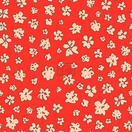 Illustration for Abstract flower heads seamless repeat pattern. Random placed, vector botany with outlines all over surface print on orange background. - Royalty Free Image