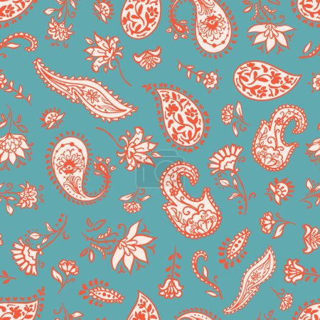 Illustration for Ethnic paisleys and flowers seamless repeat pattern on red background. Traditional, random placed, vector scarf elements all over surface print. - Royalty Free Image