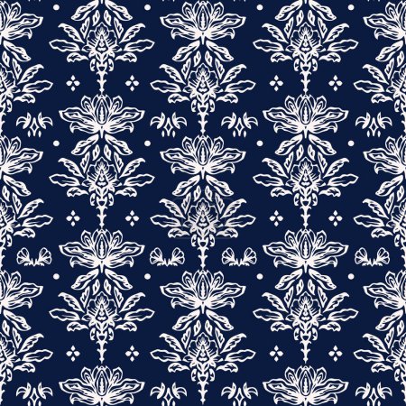 Illustration for Hand dawn botanic seamless repeat pattern with heritage, paisley striped border print. - Royalty Free Image
