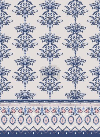 Illustration for Blue Ink damask all over print with border print on beige background. Vector floral, paisley, geometric shapes seamless repeat pattern. - Royalty Free Image