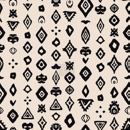 Illustration for Abstract doodled geometric shapes in folk style seamless repeat pattern. Bohemian elements all over surface print on beige background. - Royalty Free Image