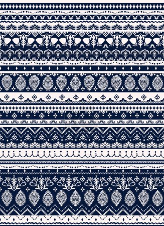 Illustration for Traditional, ethno paisley seamless repeat pattern. Vertical, vector geometric shapes and botanic all over surface print on dark blue background. - Royalty Free Image